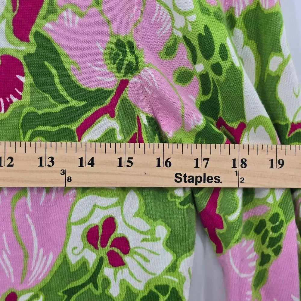 Talbots Cardigan Womens M Green Pink Floral Cotton Blend V-Neck 3/4 Sleeve